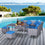 Ensemble de meubles de salle à manger de conversation de patio en osier 5 pièces avec coussins, table et poufs, bleu vif