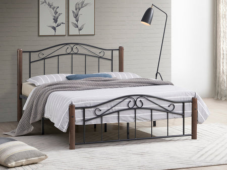 Lit Cadre en Acier Noir - Poteaux en Noyer, Support de Matelas