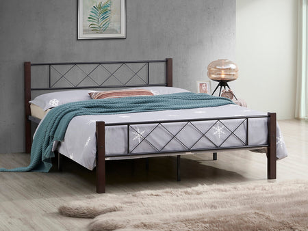 Lit Cadre Acier Noir - Poteaux Bois Espresso, Support Matelas