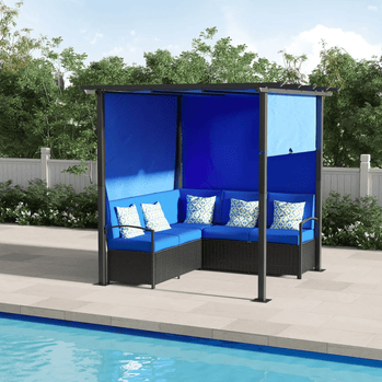 Meubles de patio en osier, ensemble de canapé d'extérieur en rotin PE avec pergola à auvent rétractable, abri d'ombrage pour terrasse, piscine, jardin, terrasse, bleu