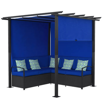 Meubles de patio en osier, ensemble de canapé d'extérieur en rotin PE avec pergola à auvent rétractable, abri d'ombrage pour terrasse, piscine, jardin, terrasse, bleu