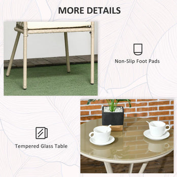 Ensemble de bistro en rotin PE, meubles de Patio d'extérieur, avec coussins de siège, Table en verre pour jardin, arrière-cour, Beige, 3 pièces