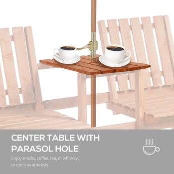 Banc de jardin pour 2 personnes avec table centrale et trou pour parasol, banc d'extérieur en bois 2 places avec design à lattes, orange