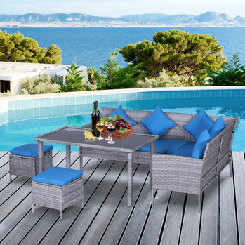 Ensemble de meubles de salle à manger de conversation de patio en osier 5 pièces avec coussins, table et poufs, bleu vif