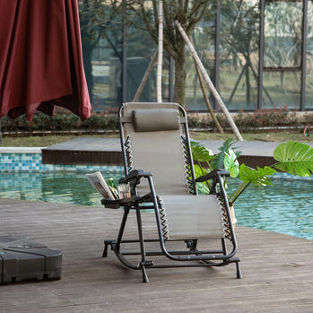 Chaise longue inclinable réglable 2 en 1 à gravité zéro, fauteuil de jardin inclinable et berçant, chaise longue pliable, siège de sieste avec appui-tête et plateau gris