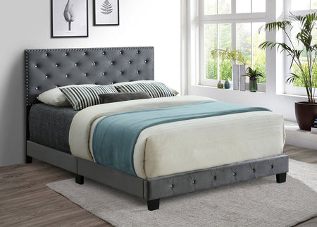 Lit en Velours Gris avec Détails Cloutés et Strass, Support de Matelas Inclus