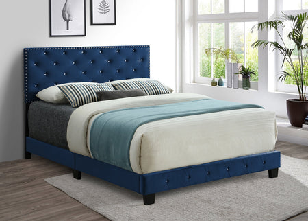 Lit en velours bleu avec tête de clou et détails en strass Comprend un support de matelas