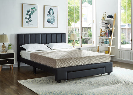 Lit en PU noir avec tête de lit rembourrée et tiroir de rangement