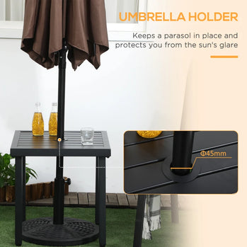 Table d'appoint d'extérieur, table d'appoint de patio avec trou pour parasol, petite table basse avec cadre en acier pour balcon, noire