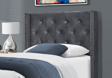 LIT - TAILLE SIMPLE / VELOURS GRIS FONCÉ AVEC BORDURES CHROMÉES 