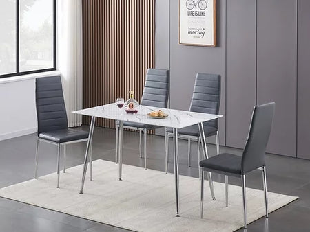 Ensemble de salle à manger 5 pièces : verre trempé en marbre blanc avec pieds effilés chromés