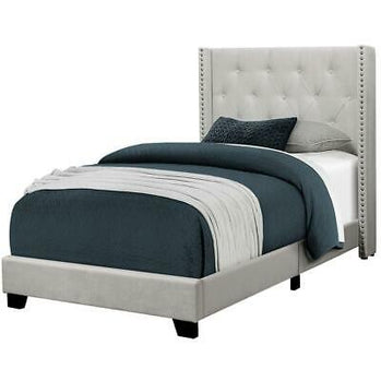 LIT - TAILLE SIMPLE / VELOURS GRIS PÂLE AVEC BORDURES CHROMÉES 